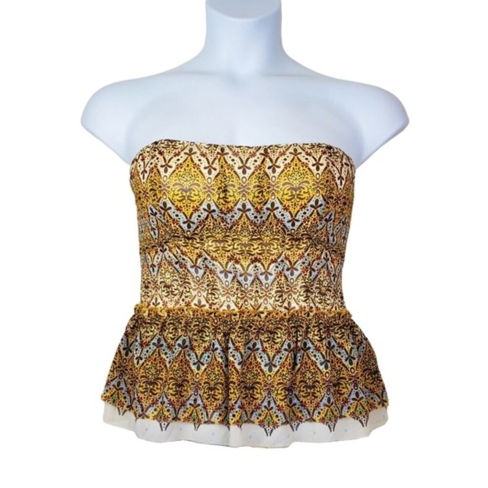 Bebe Womens Strapless Yellow Blue Peplum Top Size M
